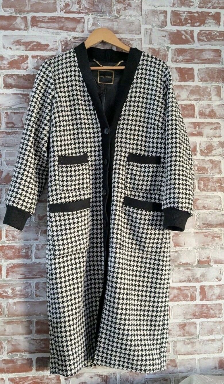Kathy Ireland Long Houndstooth Tweed Cardigan Sweater Lined Jacket Black XL
